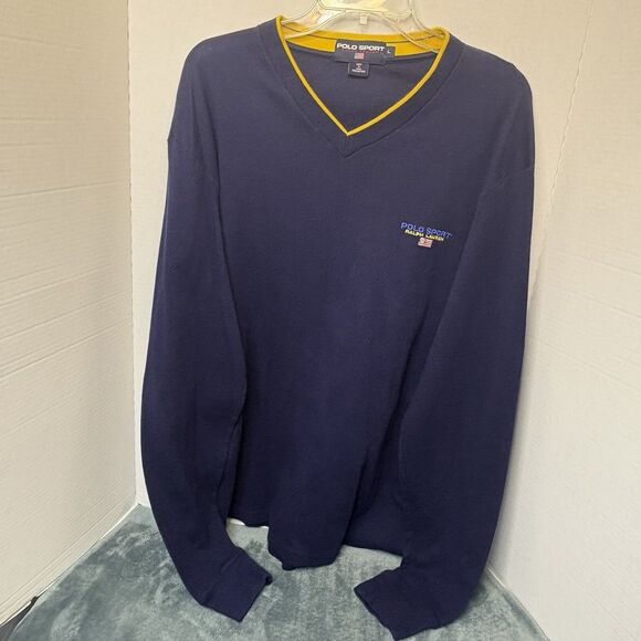 Vintage Polo Sport Ralph Lauren V Neck Long Sleeve Shirt Men’s Size Large Navy - Picture 1 of 6